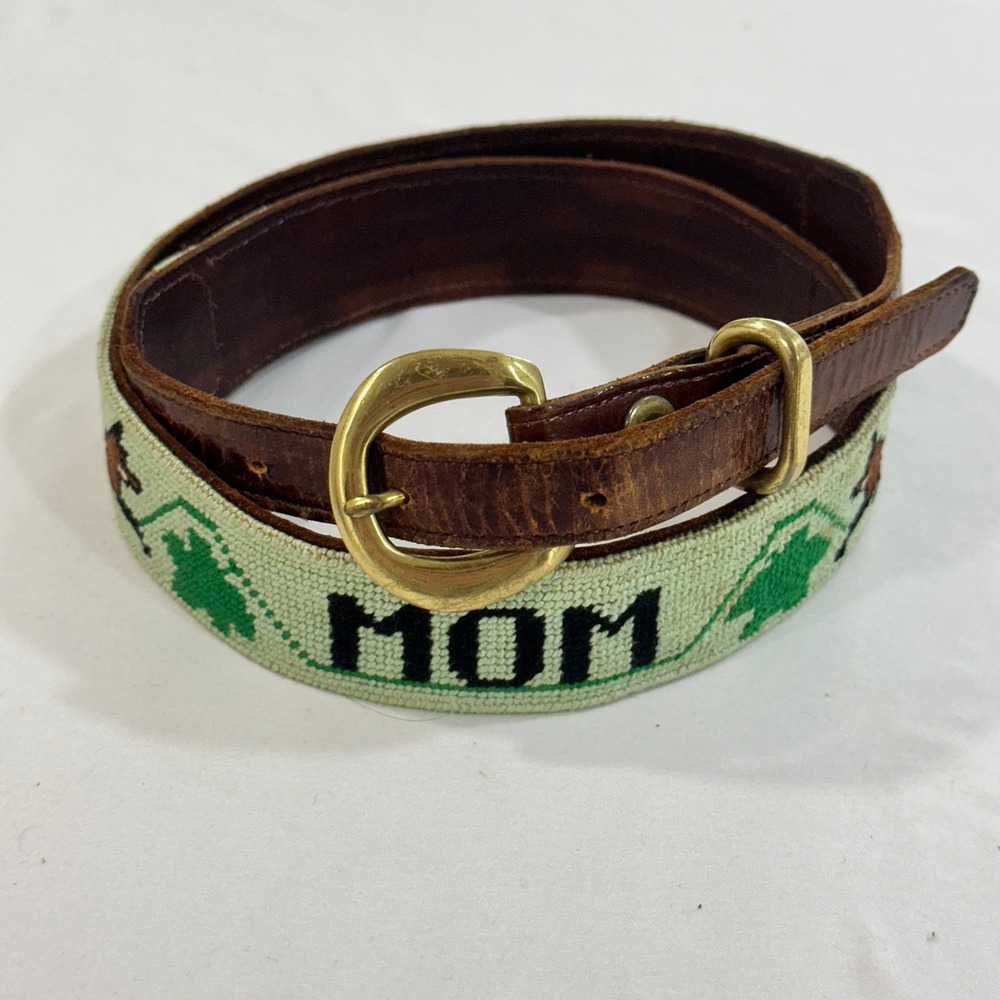 Vintage Needlepoint Fox Ivy Mom Belt Leather Solid Brass Buckle Green Brown 32
